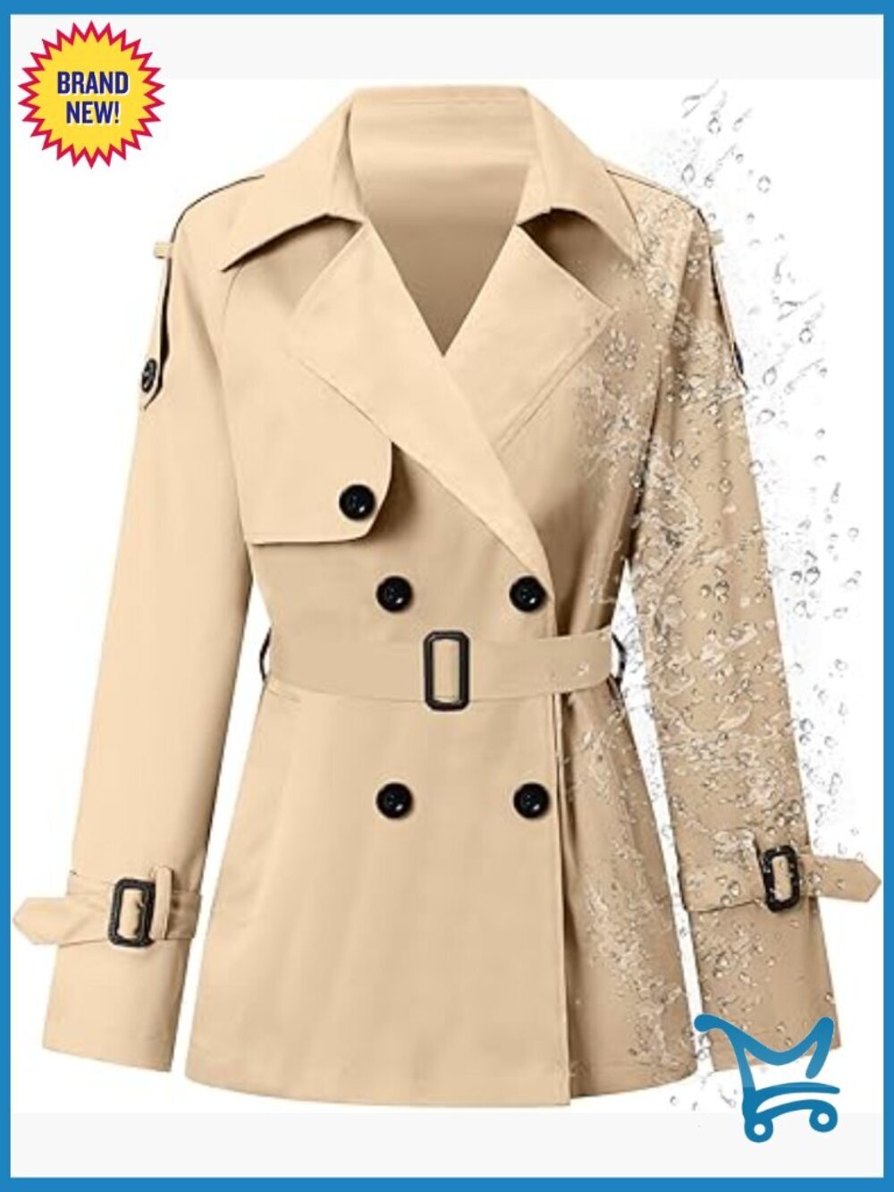 Double Breasted Short Trench Coat Water-Resistant with Belt
